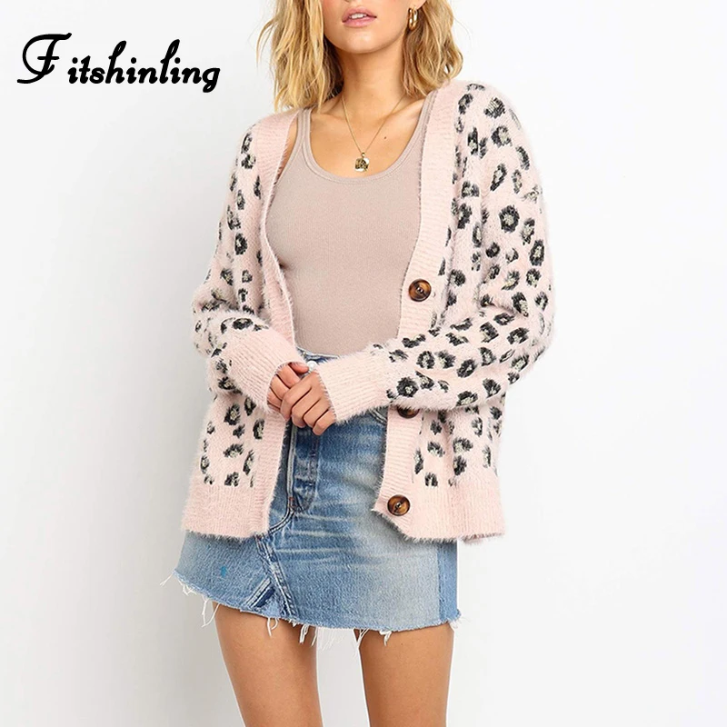 Fitshinling Hairy Leopard Cardigans Womens Clothing Buttons Up V Neck Sweaters Boho Fuzzy Soft Winter Cardigan Outerwear Female |