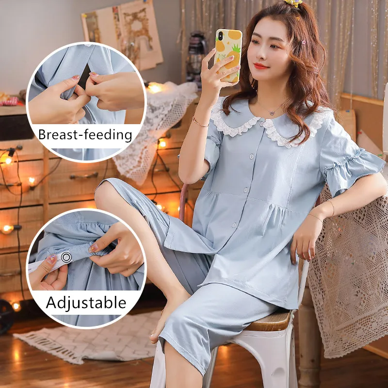

Pregnant Summer Cotton Stitching Lace Edge Two-Piece Pajamas Female Postpartum Breastfeeding Clothes Confinement Home Service