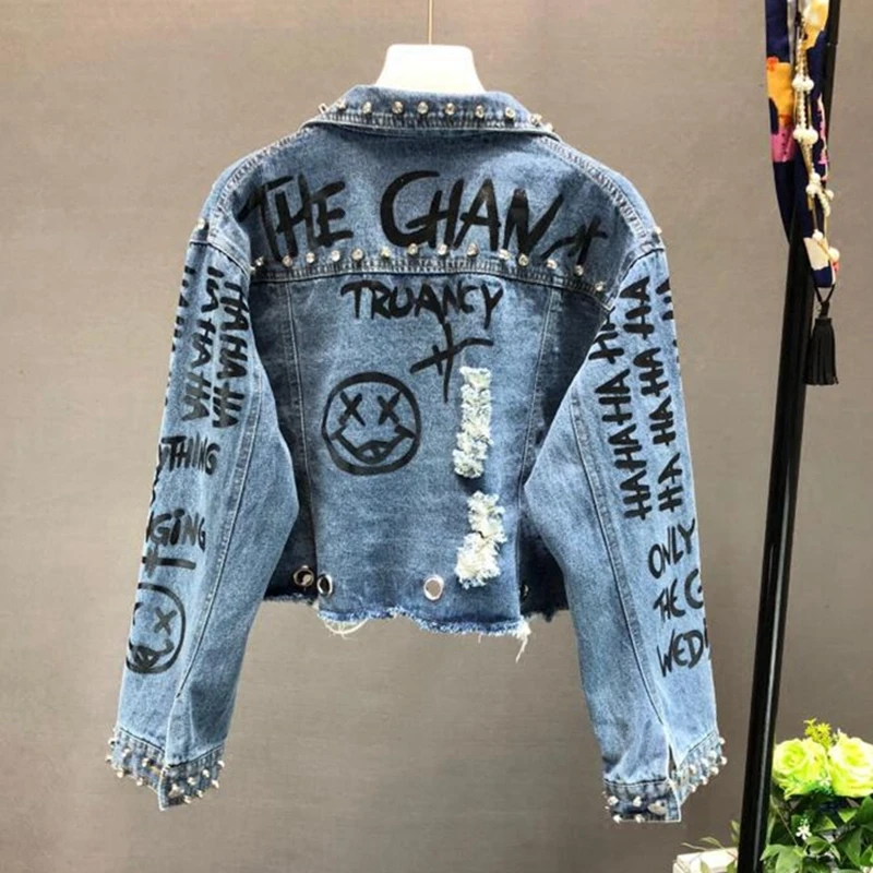 Graffiti Print Denim coat Punk Rock Jeans jacket 2021 New Autumn Rivet Hip Hop Holes Coat Big Size Coats High Waist LT556S50 | Женская