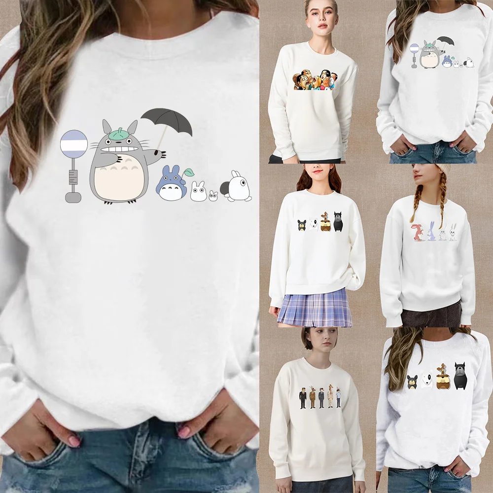 

Women's Fashion Pullover White Tops Funny Cartoon Animal Pattern Series Round Neck Casual Autumn Warm Long-sleeved Sweatshirt