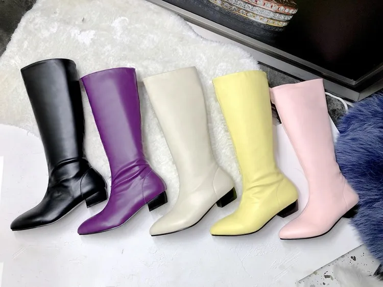 ZawsThia winter autumn yellow purple pink woman boots pointed toe low square heels mid-calf boots for women big size 34-48