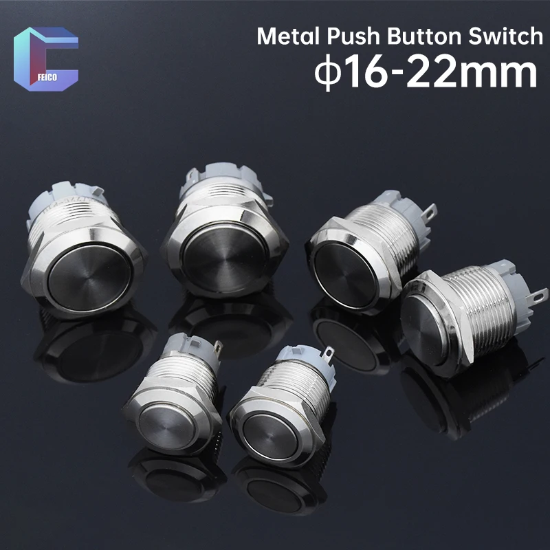 

16/19/22mm Metal Push Button Switch Waterproof 1No 2Pin Type No Led 5A Momentary/Self-Lock High/Flat Head