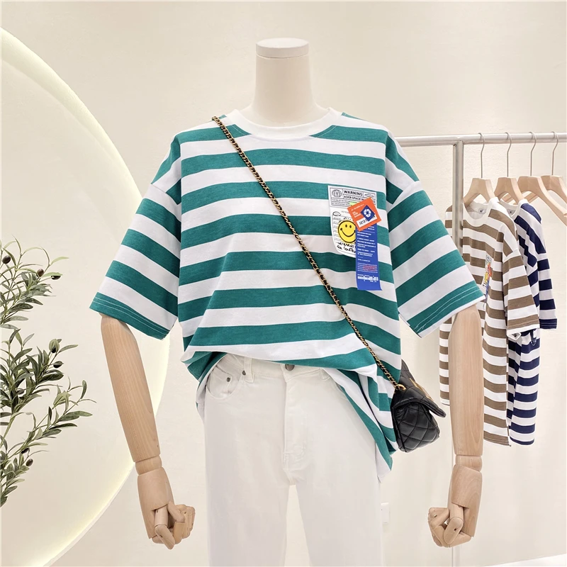

2021 Summer New Loose Slimming Smiley Printed Lady Basic Tee Striped Short-Sleeved T-shirt Students Fashion Simple Top