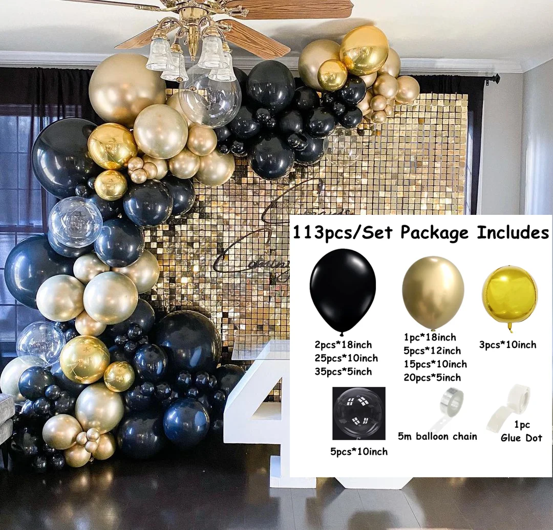 

113pcs/Set Black Gold Balloon Garland Arch Kit Gold Chrome 4D Balloons Wedding Birthday Party Decor Balaos Baby Shower Globos