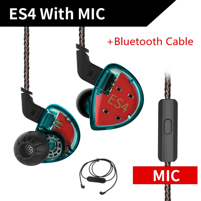 cyan Mic BT KZ ES4 1BA+ 1DD гибридные наушники-вкладыши Hifi Динамический драйвер шумоподавление Гарнитура замена кабеля AS10 ZSX ZST ES3 ZSN - Цвет: cyan Mic BT