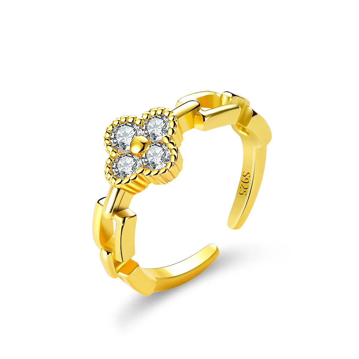 

Sweet Diamond Set Zircon Openings Ring Small Fresh Clover Flower Adjustable Index Finger Ring
