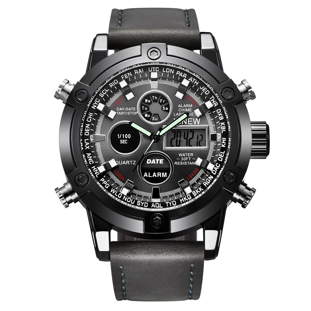 

2021 New Hot Men Watches Top Brand Leather Chronograph Waterproof Sport Digital Led Date Quartz Watch For Men Relogio Masculino
