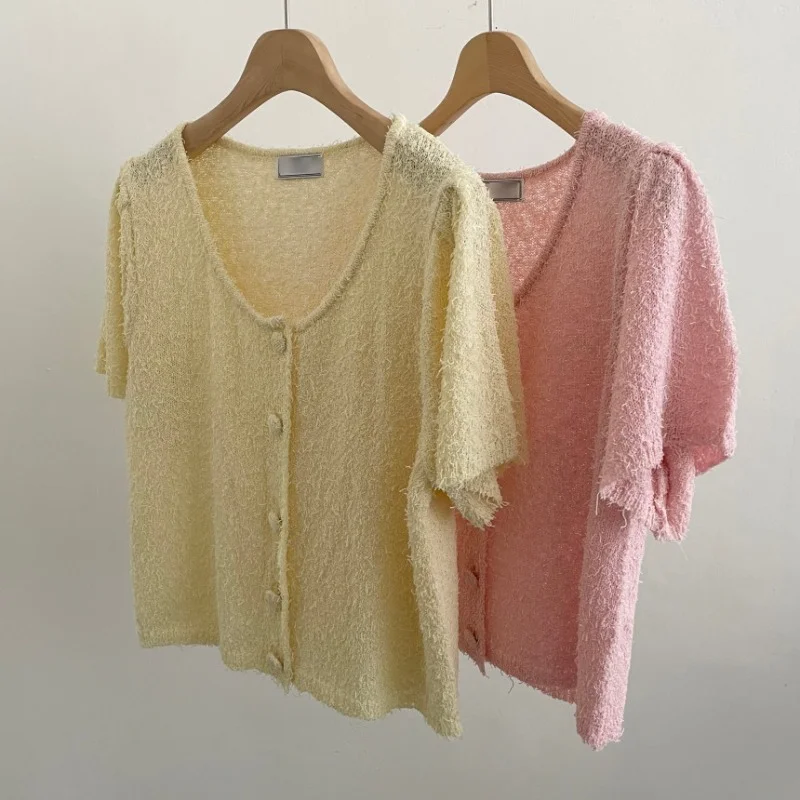 

Korejepo Women Knitted Cardigan 2021 Summer New Korean Chic Retro Sweet Solid O-neck Short Sleeve Single Breasted Office Lady