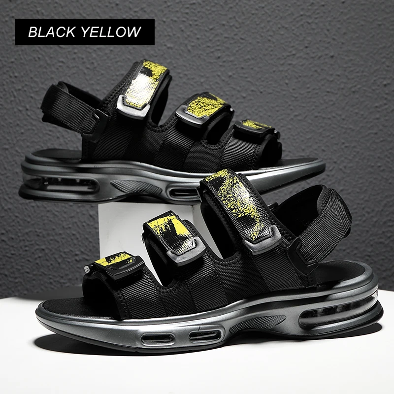 Black-Yellow FZNYL; мужские модные сандалии; обувь на воздушной подушке; супер-светильник; нескользящие износостойкие кроссовки для пеших прогулок; пляжная обувь; тапочки - Цвет: Black-Yellow