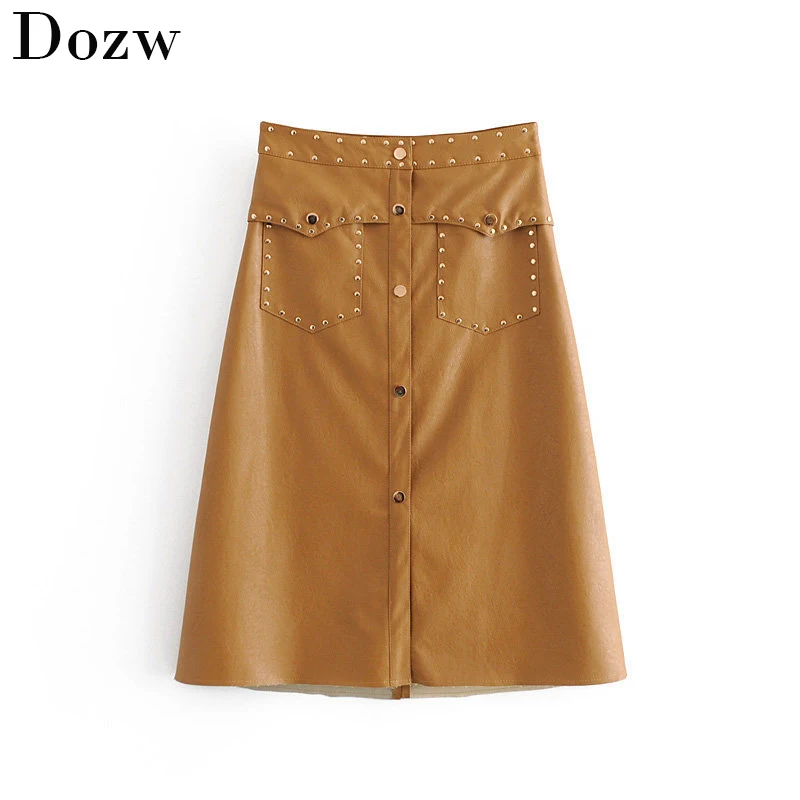 Винтажная Однотонная юбка А силуэта из искусственной кожи модные юбки с