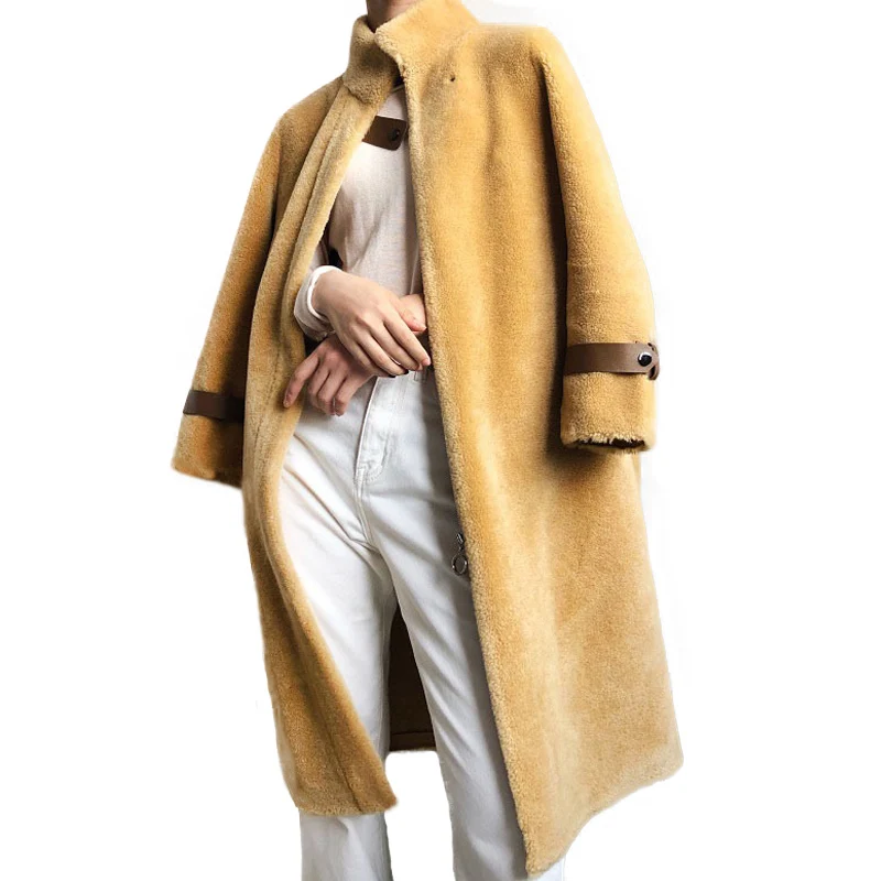 

MAOMAO меховое 100% шерстяное пальто, женская зимняя куртка с поясом, женские меховые пальто из овечьей шерсти, женское искусственное пальто