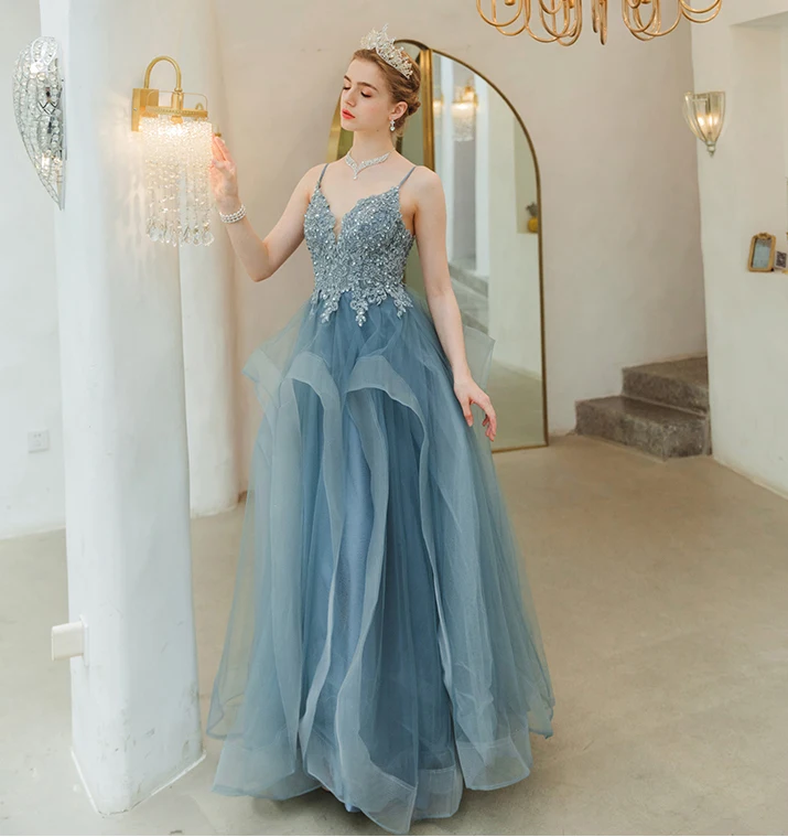 SSYFashion Новое романтическое синее вечернее платье, для банкета, элегантное, с v-образным вырезом, Appliuques, с блестками, в пол, вечернее платье Vestido De Noche