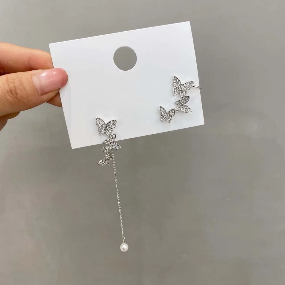 Асимметричные серьги с кристаллами-бабочками простые милые корейские женские