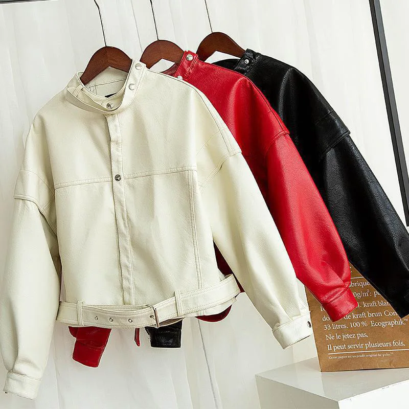 

Женская Осенняя куртка из искусственной кожи, свободная однобортная Повседневная байкерская куртка с поясом, 2020