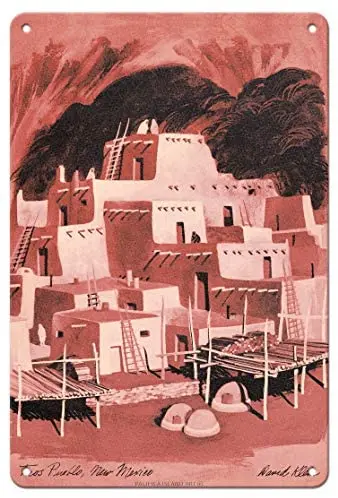 

Taos Pueblo, New Mexico - Adobe Dwellings - TWA (Trans World Airlines) by David Klein c.1968- Metal Sign