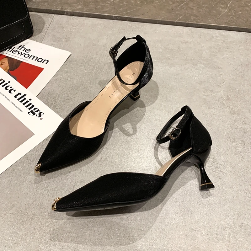 

ELLALEE Mature High Heel Sandals Women Pointed Toe Buckle Spring Summer Pretty Thin Heel Office Lady Fashion Shoes