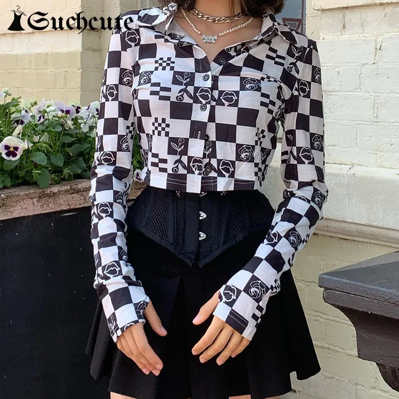 

SUCHCUTE Gothic Plaid Print Women Blouse Dark Academic Long Sleeve Crop T-shirts Fairycore Casual 90s Streetwear Slim Pullovers
