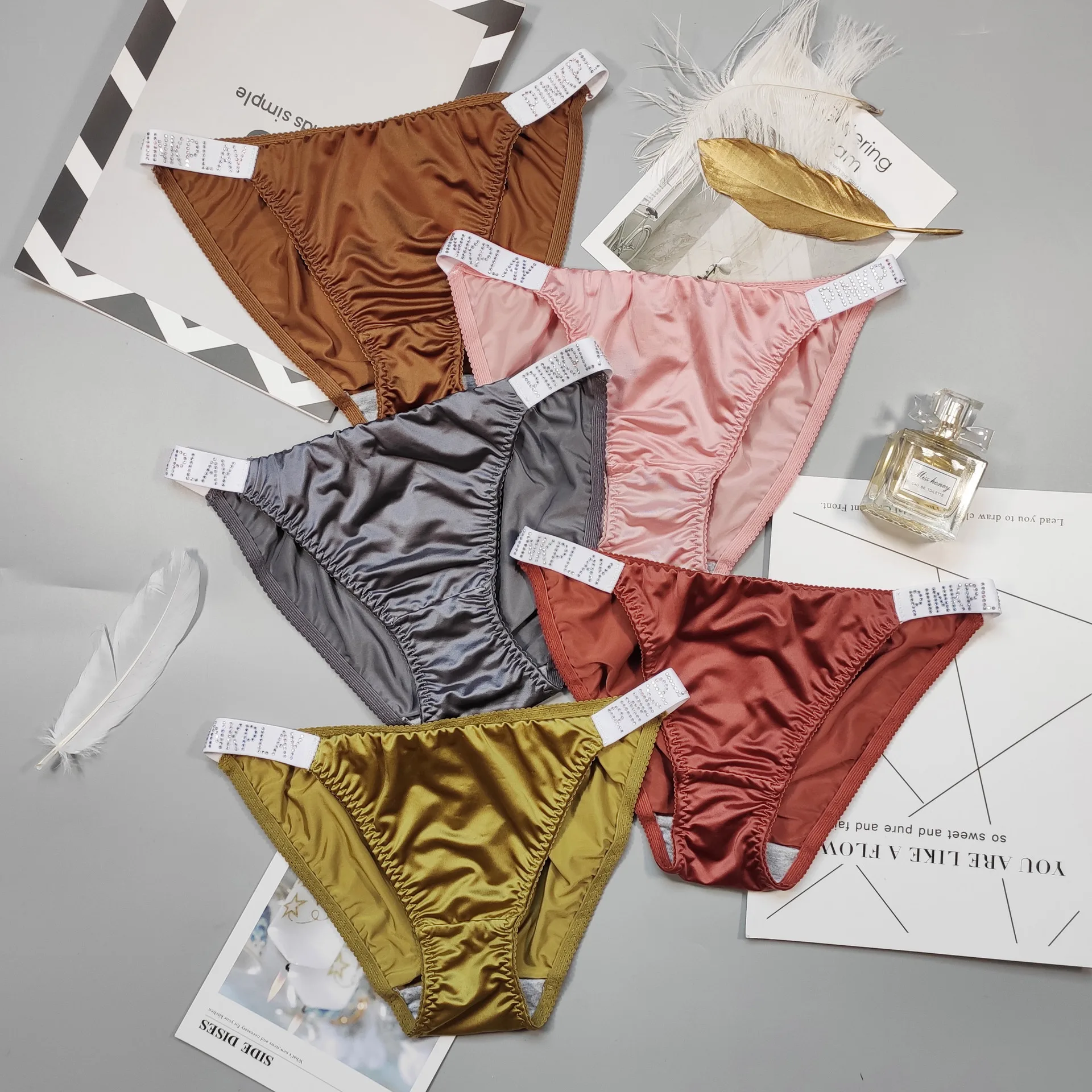 

Panties For Women Briefs With Rhinestones Letters Belt Satin Panties Elastic Underwear Majtki Damskie Ladies Underwear