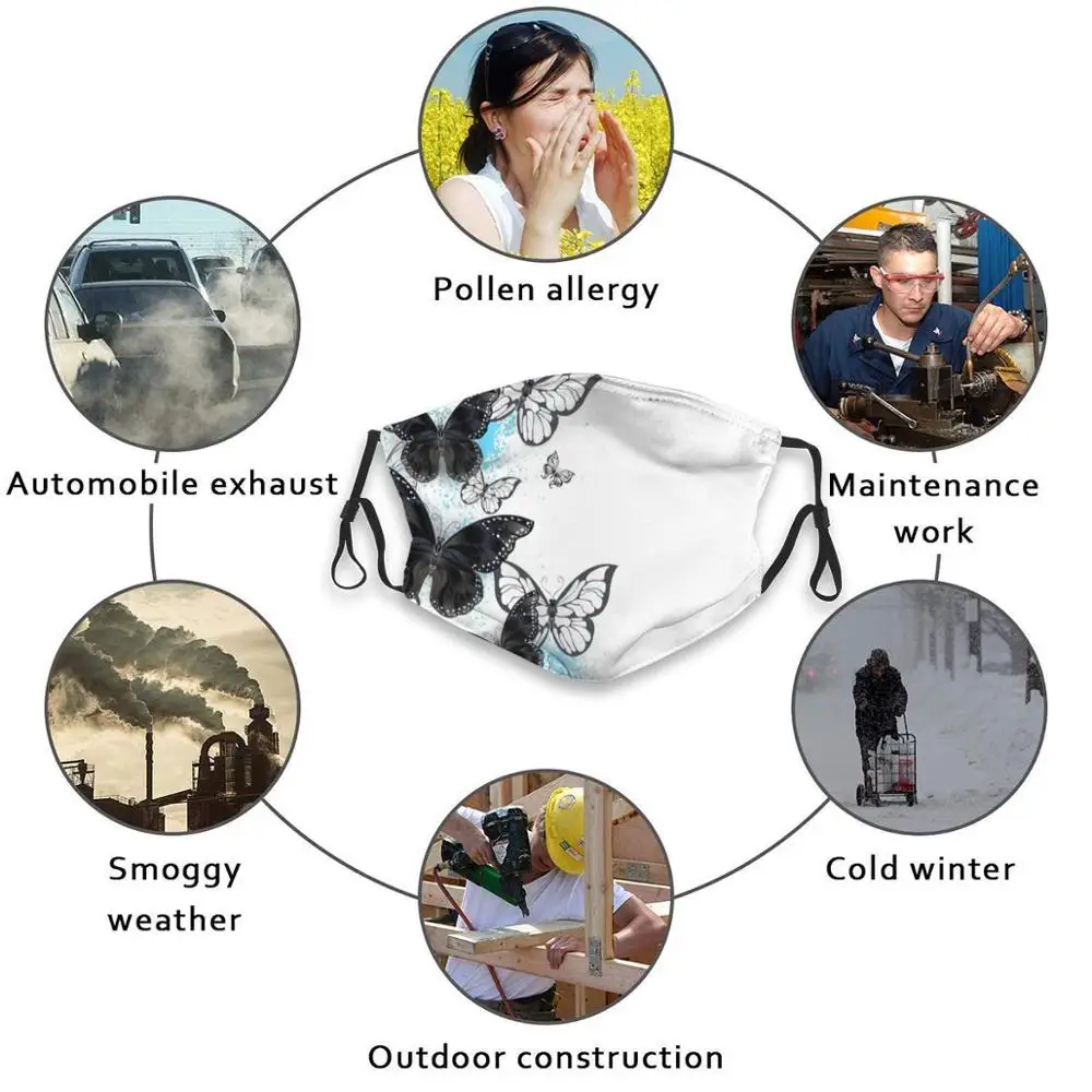 

Background With Black Butterflies Reusable Face Mask, Adjustable Washable Replaceable Fashion Fase Masks Black Butterflies