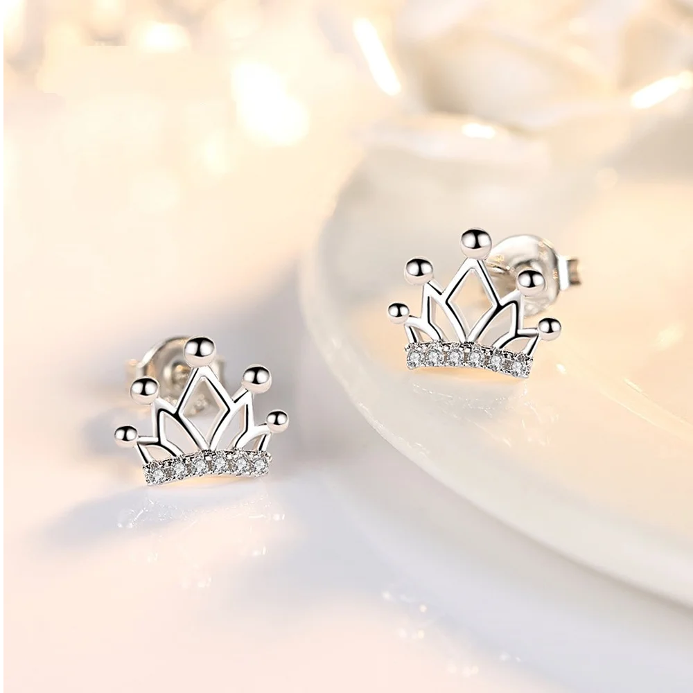 

925 Sterling Silver Stud Earrings High Quality Woman Fashion Jewelry New Simple Crown Crystal Zircon Hot Sale Earrings