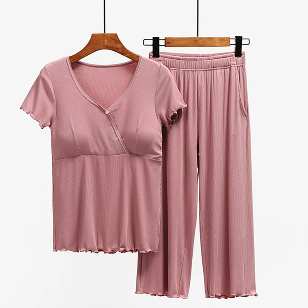 Fdfklak Summer Modal Short Sleeve Nursing Clothes Maternity Nightwear 2 Pieces Breast Feeding Pajamas For Nursing Mothers