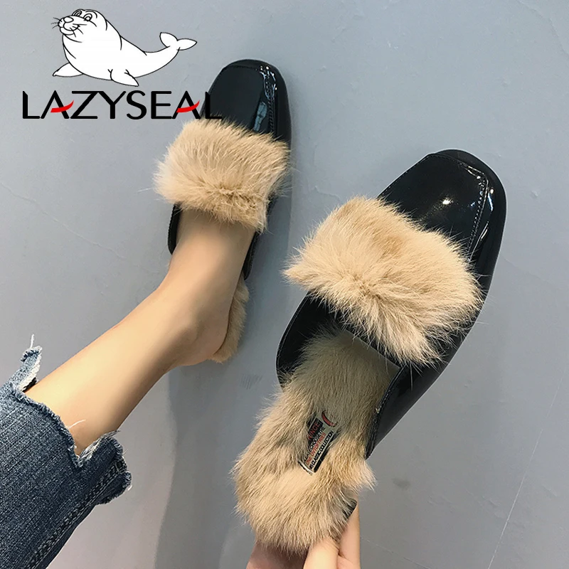 LazySeal женские шлепанцы на натуральном меху тапочки с квадратным носом пушистые