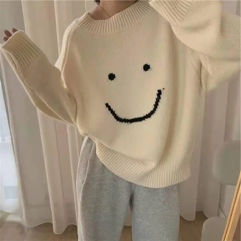 

Loose Print Smile Sweater 2021 Autumn Winter Female Pullover Sweaters Tops Women O-Neck Korean Style Harajuku Chic Ladies Jumper