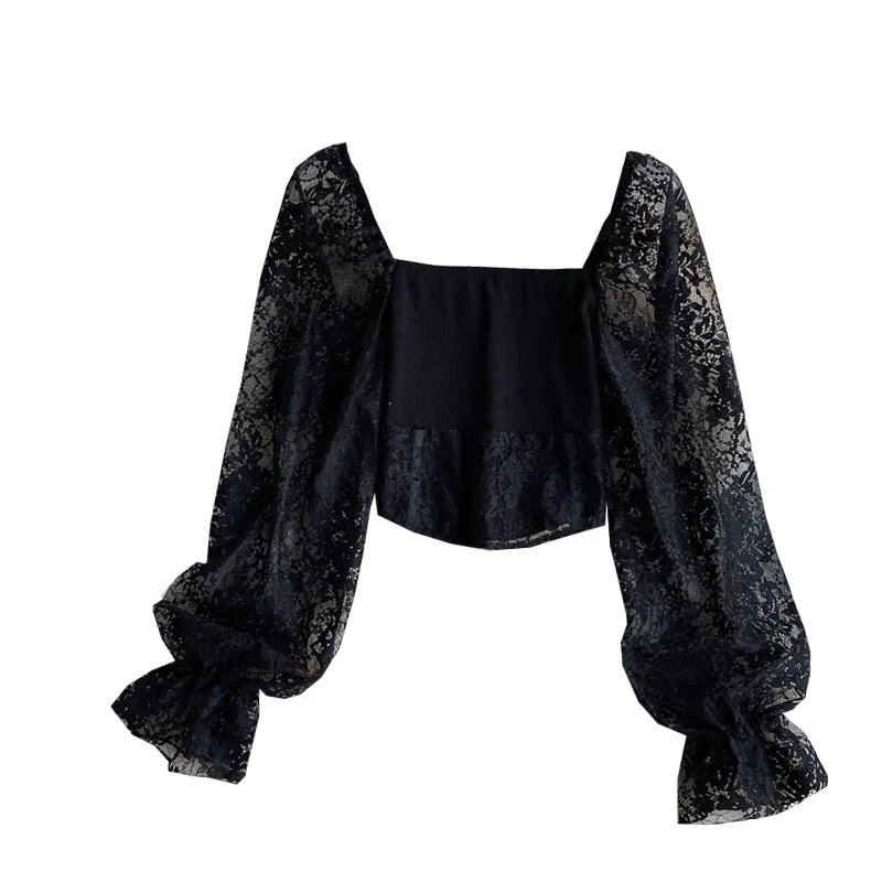 

Long Sleeve Lace Shirt Women 2020 Spring and Autumn New Loose Square Collar Shirt Puff Sleeve Short Top UK199