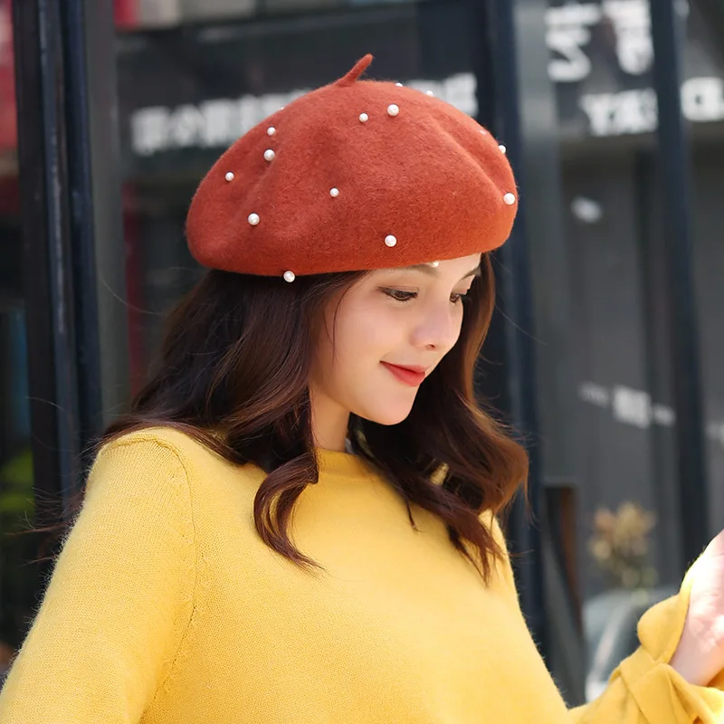 USPOP Berets women's hats wool beret female pearl decorated berets Warm winter hat caps | Аксессуары для одежды