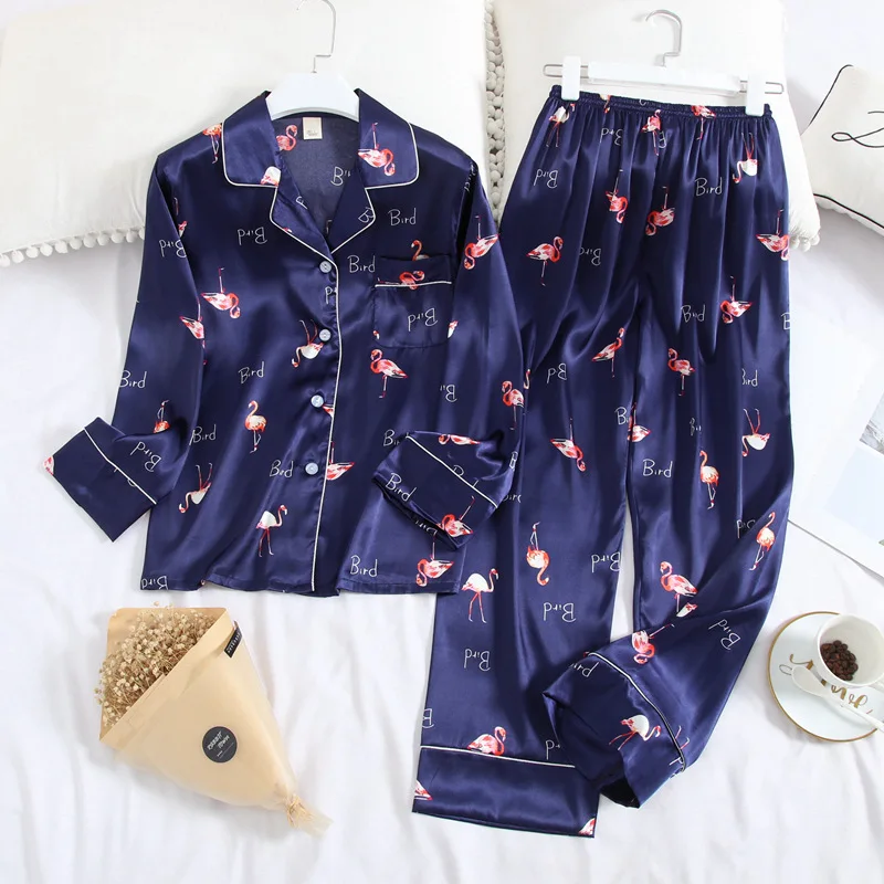 

Silk Pajamas Autumn Long Sleeve Trousers Suit Women's Pijamas Leopard Flamingo Printing Fashion Pyjamas Set