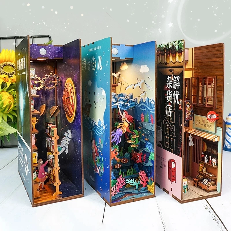 

DIY Book Nook Wooden Bookshelf Bookend Accessories Kits Miniature Furniture Bookcase Insert Model Roombox Building Toys Gifts