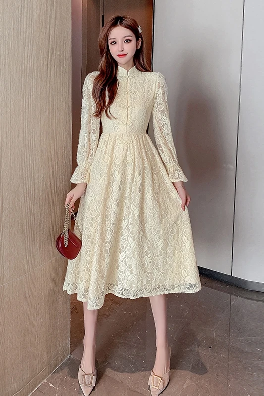 

COIGARSAM French Style Lace Women dress Spring Cheongsam Vintage High Waist Dresses Apricot 5097
