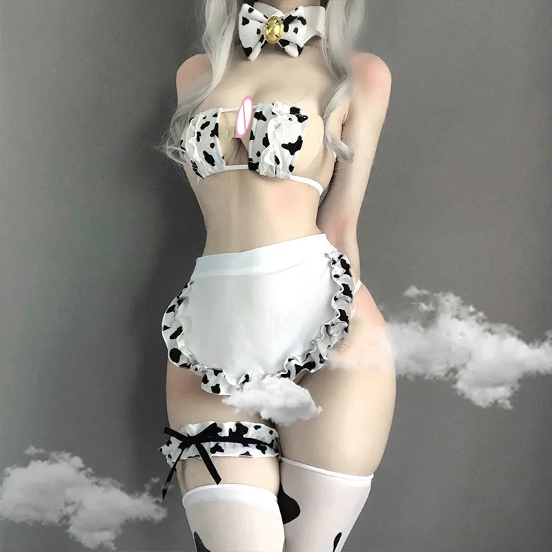 

2022 New Cos Milk Cow Cosplay Costume Cute Maid Tankini Bikini Swimsuit Anime Girlfriend Lolita Bra and Panty Set Stockings
