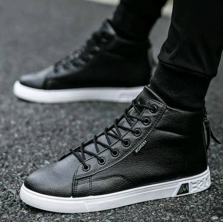 Модные кожаные туфли мужские тёплые ботинки с высокими берцами на шнуровке