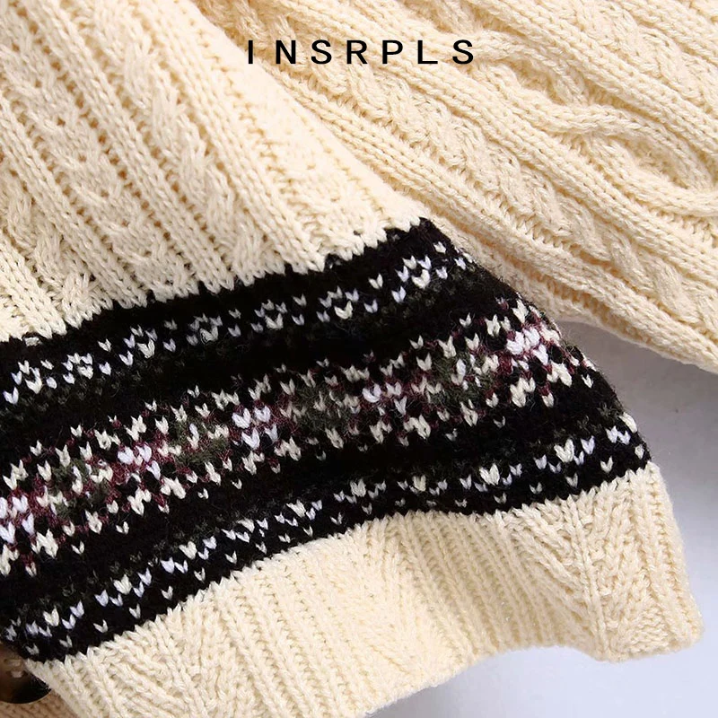 

INSRPLS Women Fashion Oversized Jacquard Cable-knit Sweater Vintage V Neck Long Sleeve Female Pullovers Chic Tops