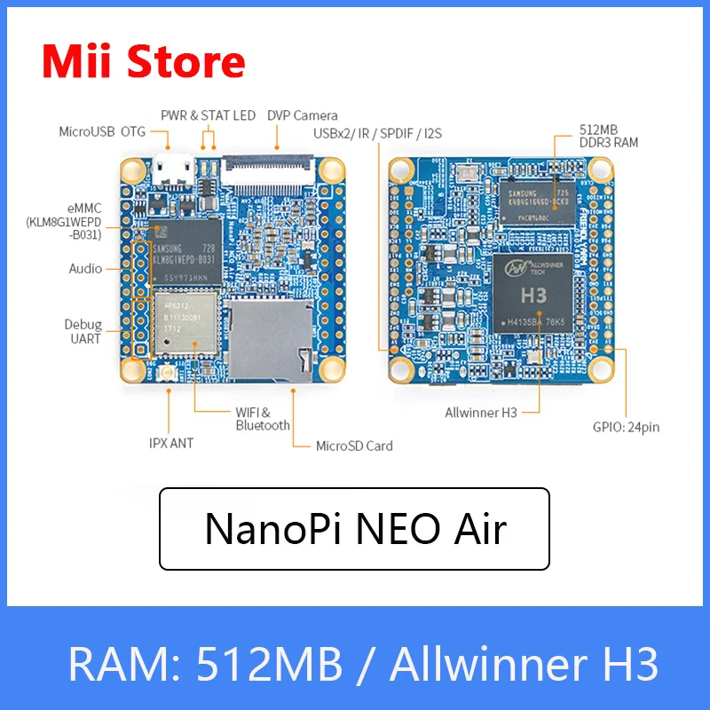 Макетная плата NanoPi NEO Air IoT 512 МБ ОЗУ Wi Fi и Bluetooth 8 ГБ/32 ГБ eMMC Allwinner H3 четырёхъядерный