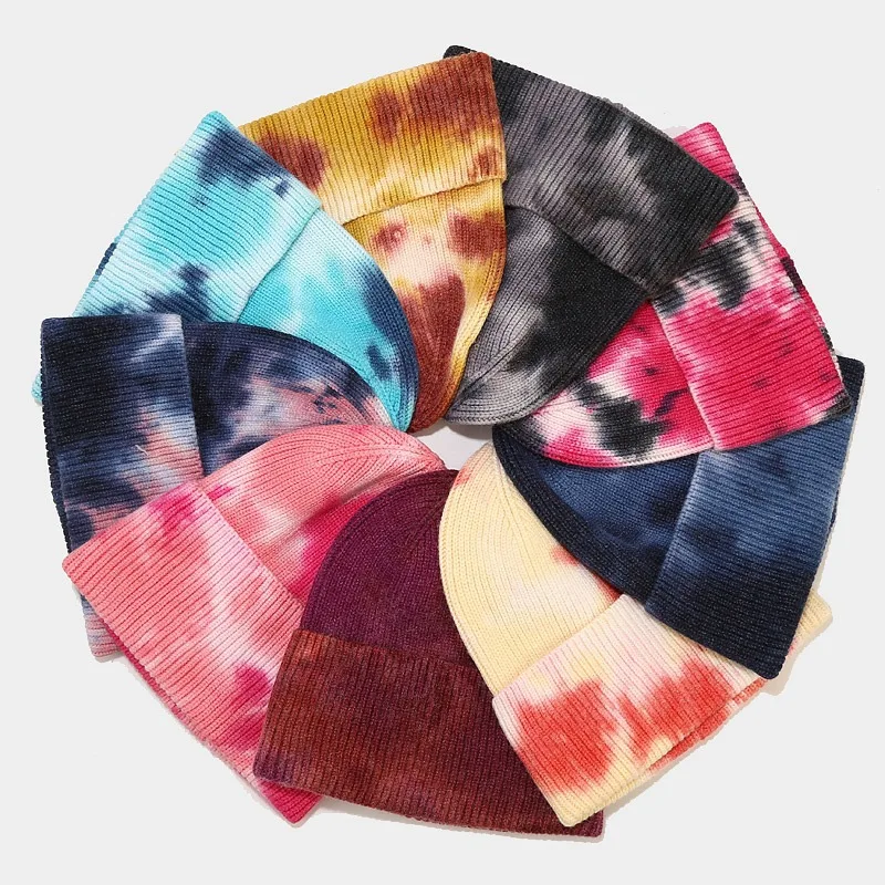 

New Tie-dye Beanies Hat Autumn and Winter Outdoor Warm Hat Core-spun Yarn Curled Edge Woolen Men's and Women's Hat