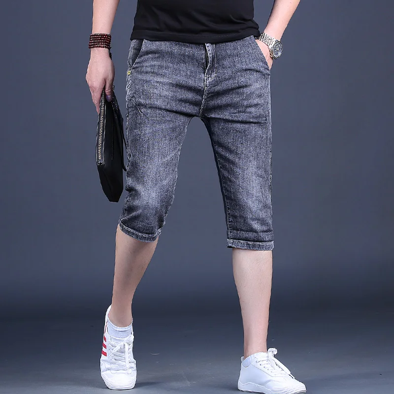 New Men's Jeans Summer Korean Style Lightweight Dark Gray Thin Slim Fit Stretch Denim Calf-Length Pants