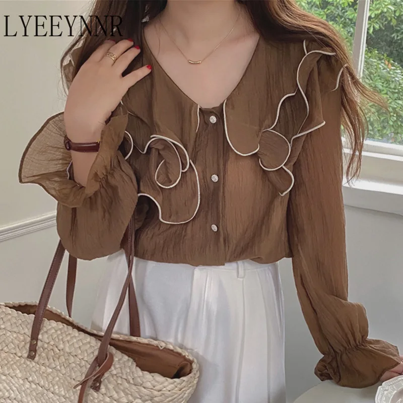 

LYEEYNNR Ruffles Buttons Up Shirts Women French Style Long Sleeve Contrast Color Vintage Blouse Office Ladies Casual Retro Tops