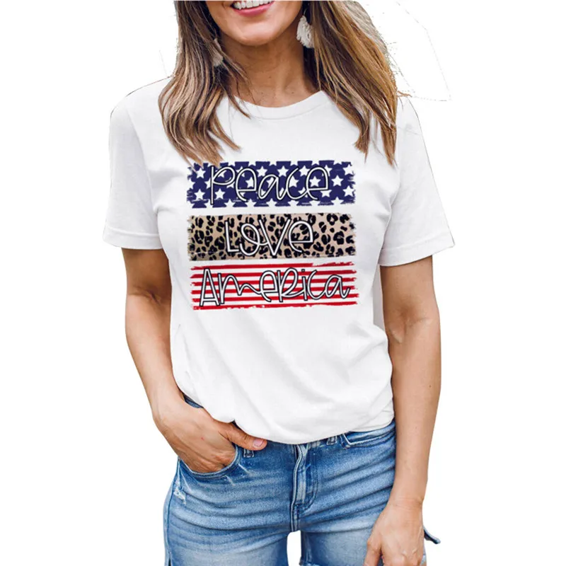 Women Peace Love America Leopard Print Trendy Floral Streetwear Funny Short Sleeve Aesthetic Soft Tee Top Casual T-Shirt | Женская