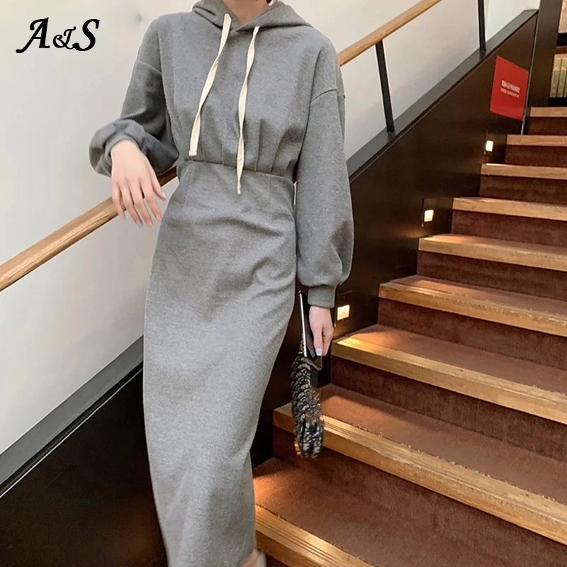 

Anbenser New 2022 Women's Dress Spring Solid Hooded Fashionable Slim Elegants Long Dresses Split Vintage Elasticity Casual Dress