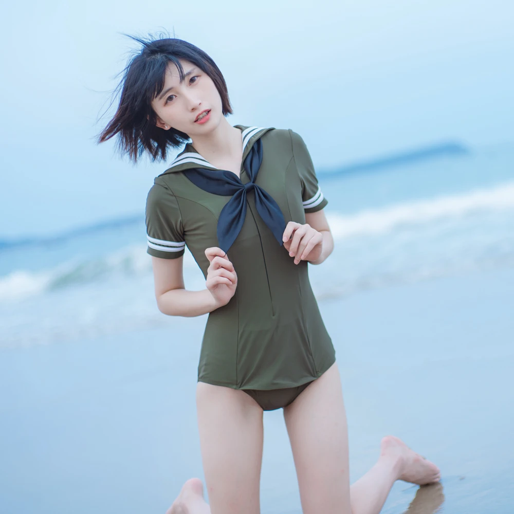 

Army Green Siamese Academy Feng Shui Hand Suit Navy Wind Swimsuit With Chest Pads Girls Swimming in Hot Springs