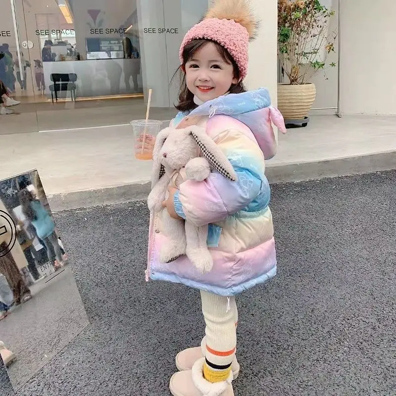 

Toddler Girls Winter Jackets Arrival Baby Fashion Zipper Cotton Parkas Coats Thicken Warm Rainbow Jacket for Girl Outerwear 2-7