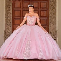 sweet 15 year pink quinceanera dresses ball gown off the shoulder lace appliques puffy corset back birthday party dress