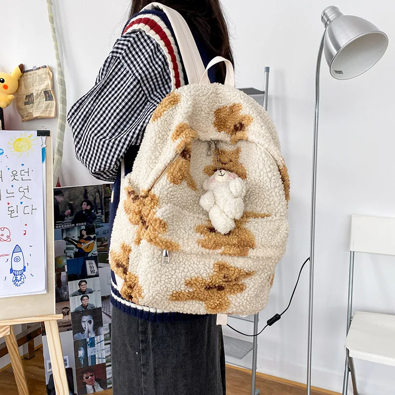 Женский рюкзак с имитацией овечьей шерсти, школьные ранцы для девочек-подростков с принтом медведей, милый ранец