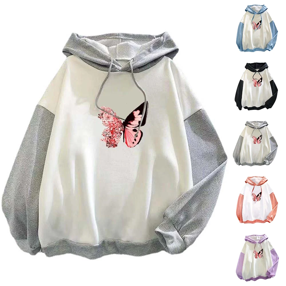 

Long Sleeve Hoodies Hat Loose Young Patchwork Contrast Print Casual Regular Spring Autumn Fashion New Vintage Women Hoodies