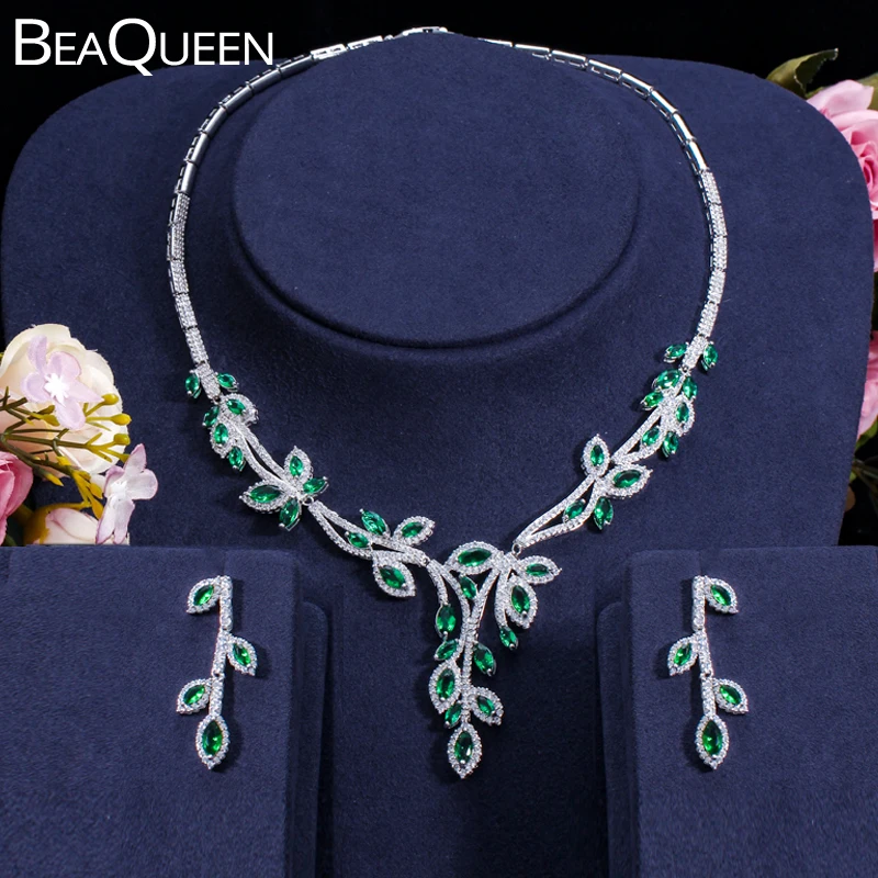 Ожерелье и серьги BeaQueen с зелеными листьями фианита, ожерелье, Свадебные Ювелирные наборы для свадебного платья JS092
