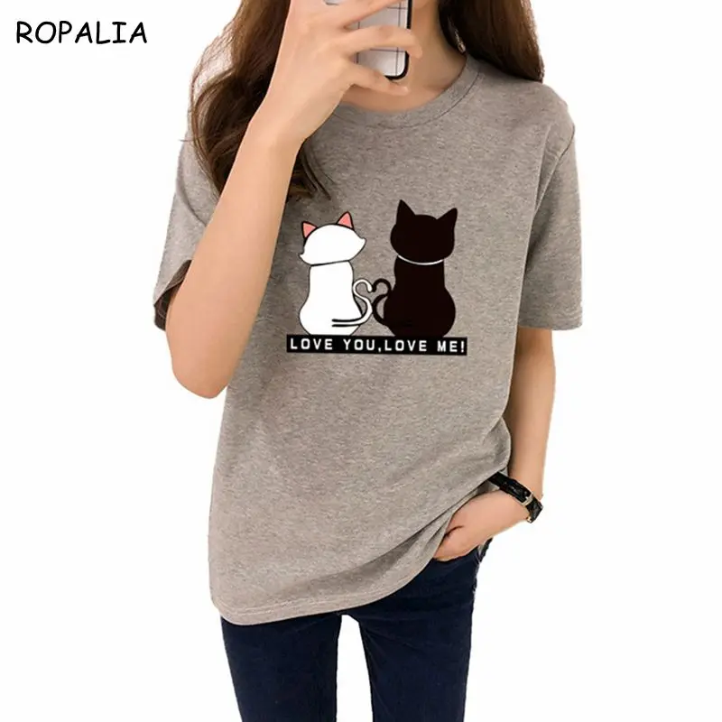 Женская хлопковая Футболка с принтом двух кошек коротким рукавом и круглым