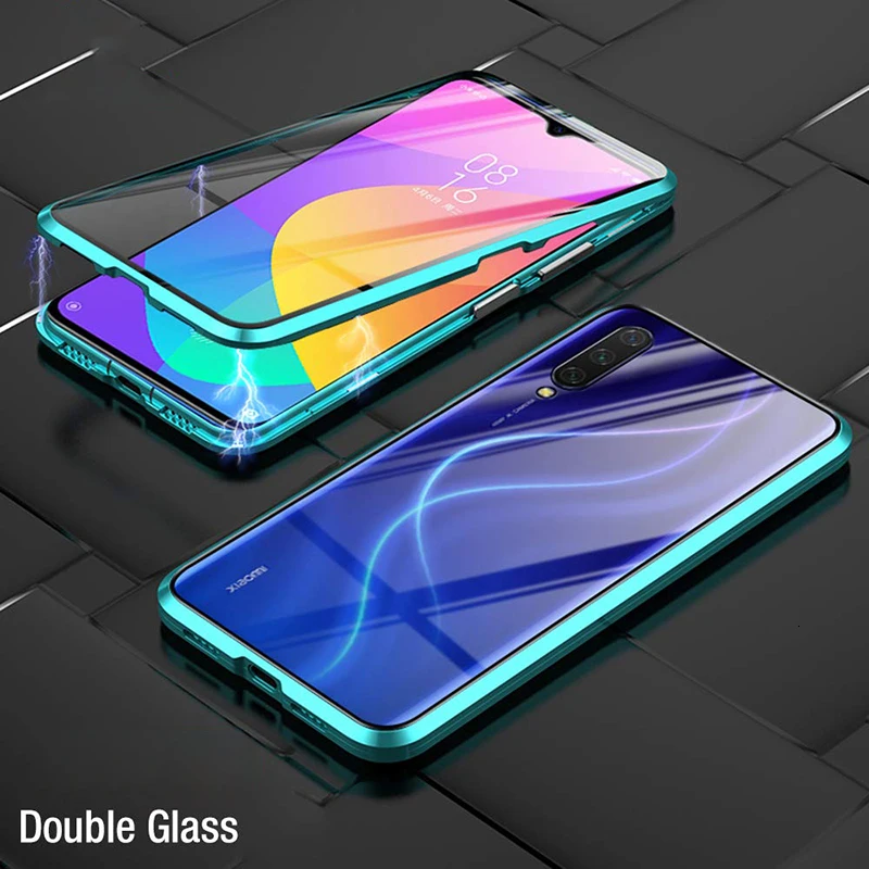 Green Двусторонний магнитный металлический чехол для Xiaomi mi 9 SE CC9 A2 A3 Lite POCO F1 9T 9Lite Red mi K30 20 Note 8 10Pro 8A 8T стеклянная крышка - Цвет: Green