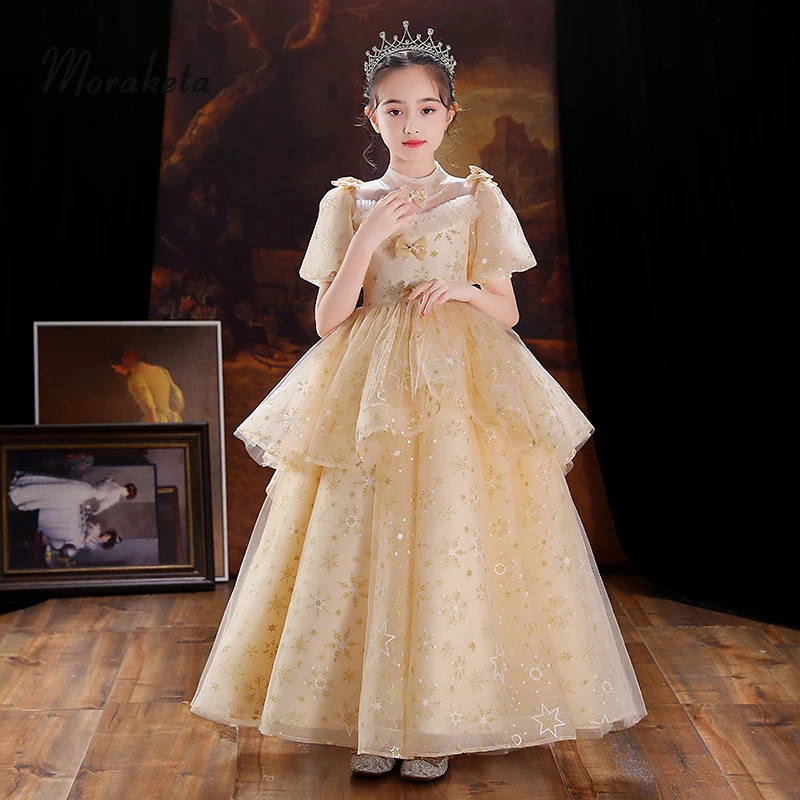 

Champagne Pageant Dresses For Girls Princess Tiered Tulle Ball Gown Maxi Long Kids Evening Dresses